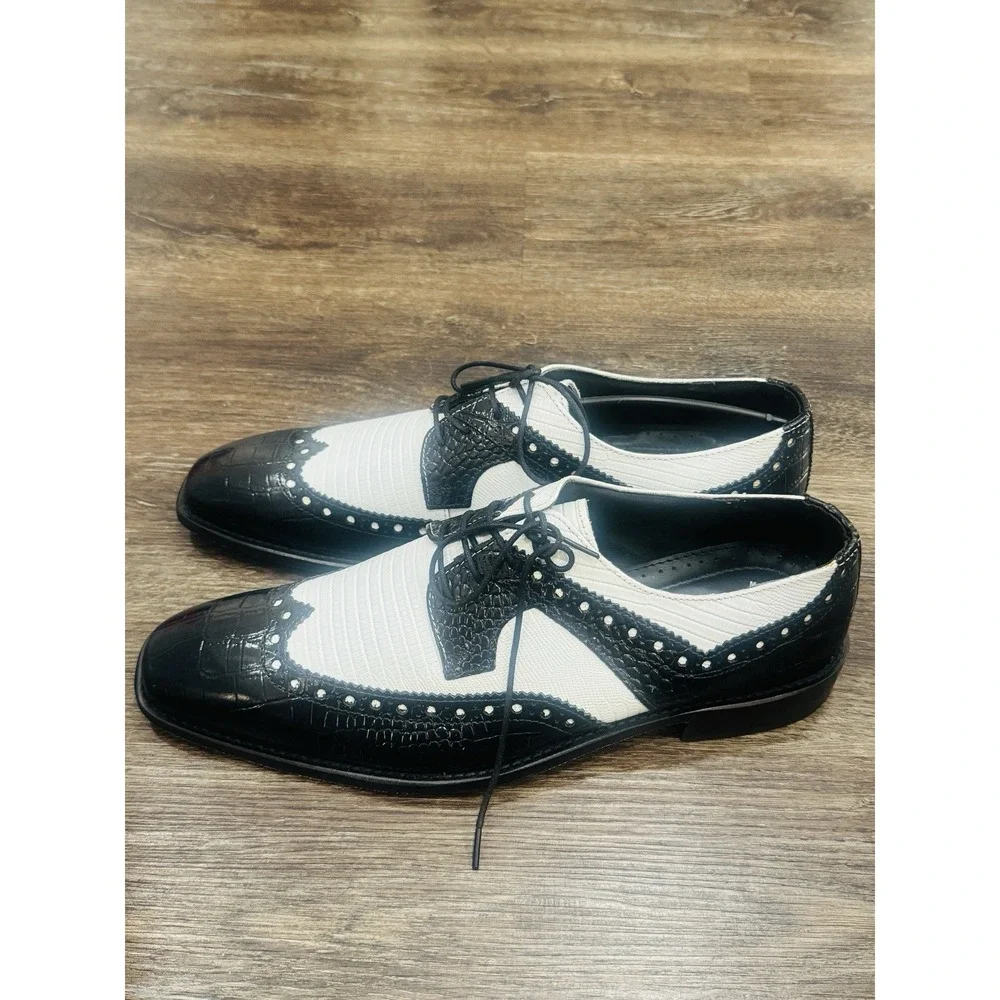 Stacy Adams Mens Black White Crocodile Print Leather Wingtip Oxfords 11M
